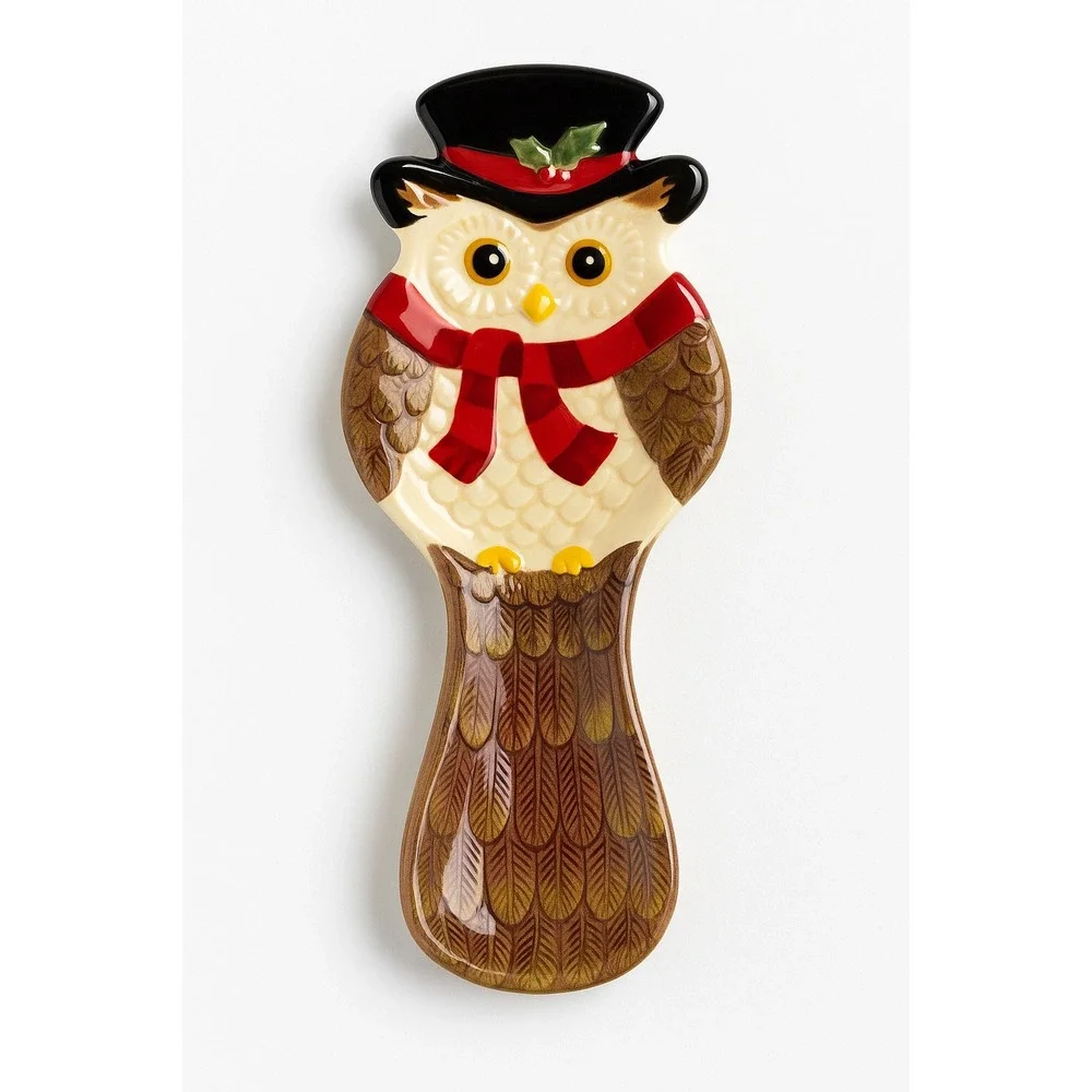 Cracker Barrel Owl‎ Spoon Rest Christmas Holiday Stoneware Top Hat Red Scarf